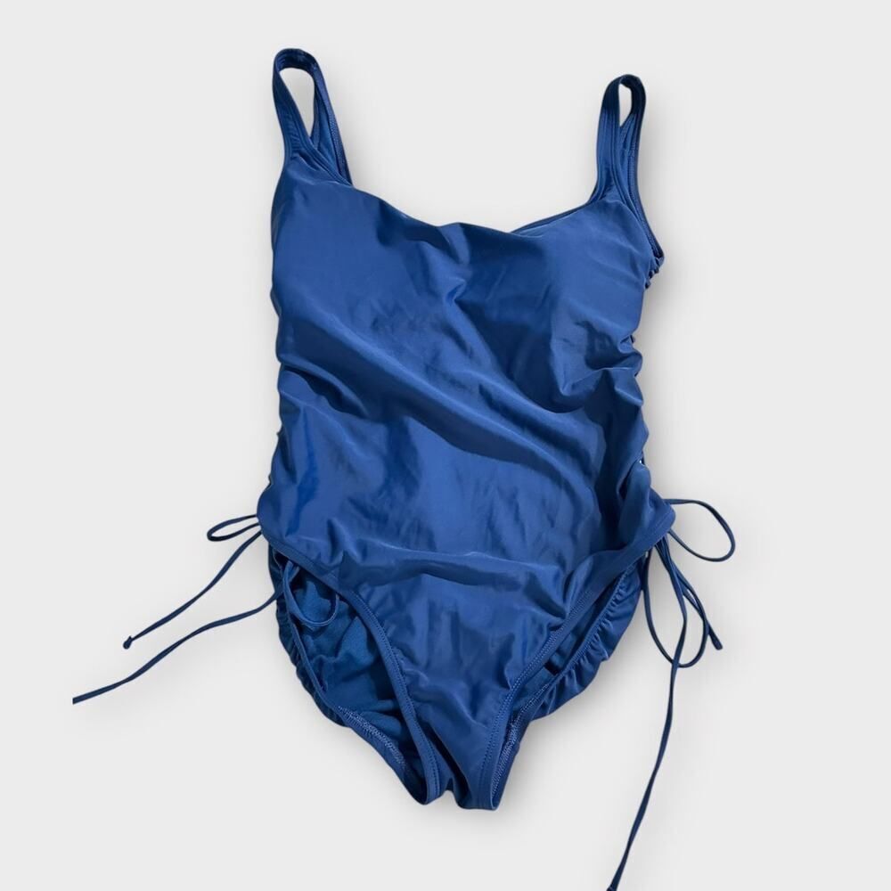 Time and Tru One Piece Swimsuit Womens XL Blue Side Ties Ruched Med Coverage NWT